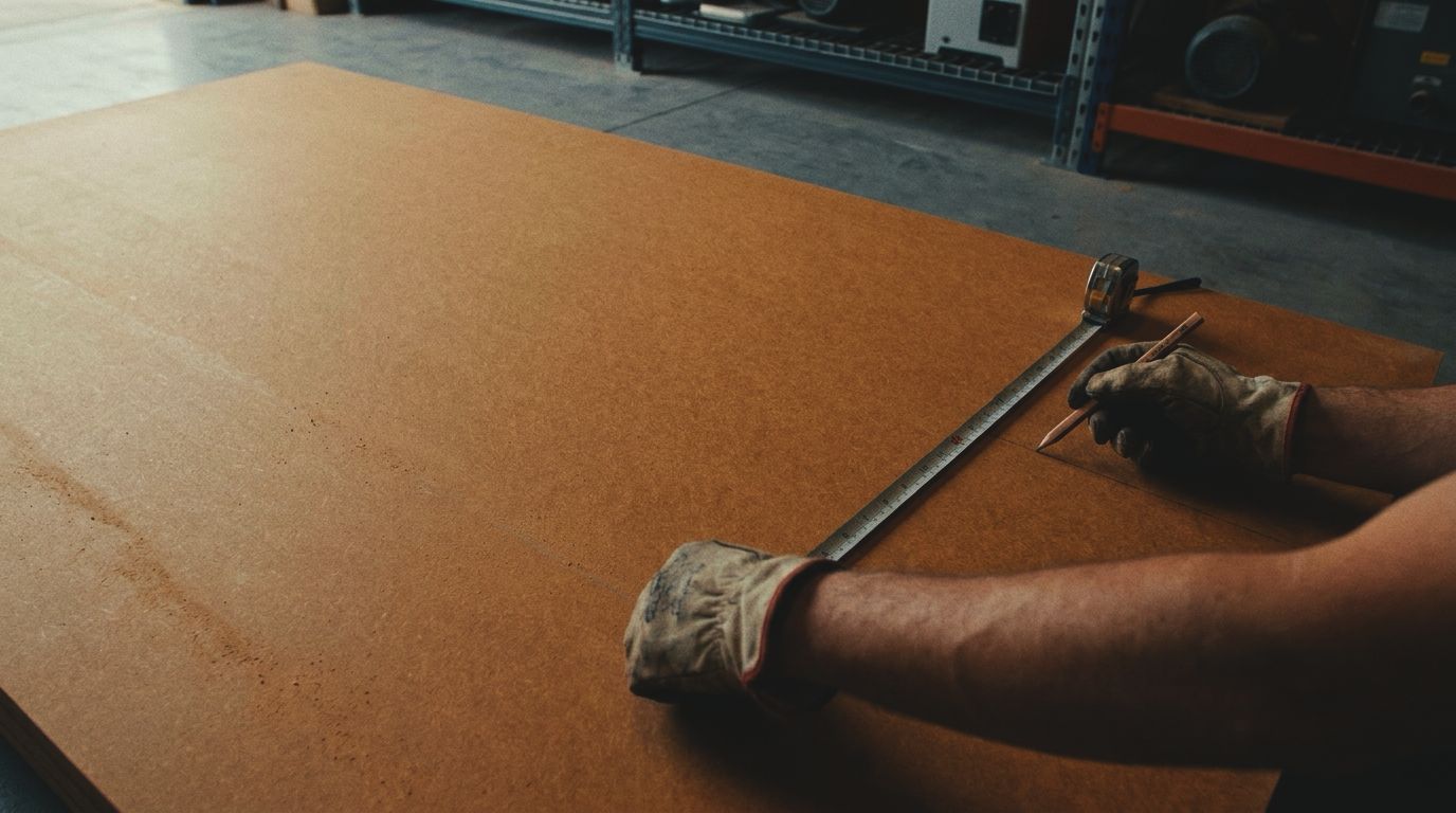 Hoja de MDF sobre caballetes con manos enguantadas marcando una línea de corte con flexómetro y lápiz